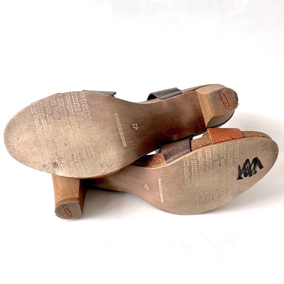 Penelope Collection Spanish Brown Leather Scalloped Wood Heel Cork Sandals 41 - Picture 9 of 10